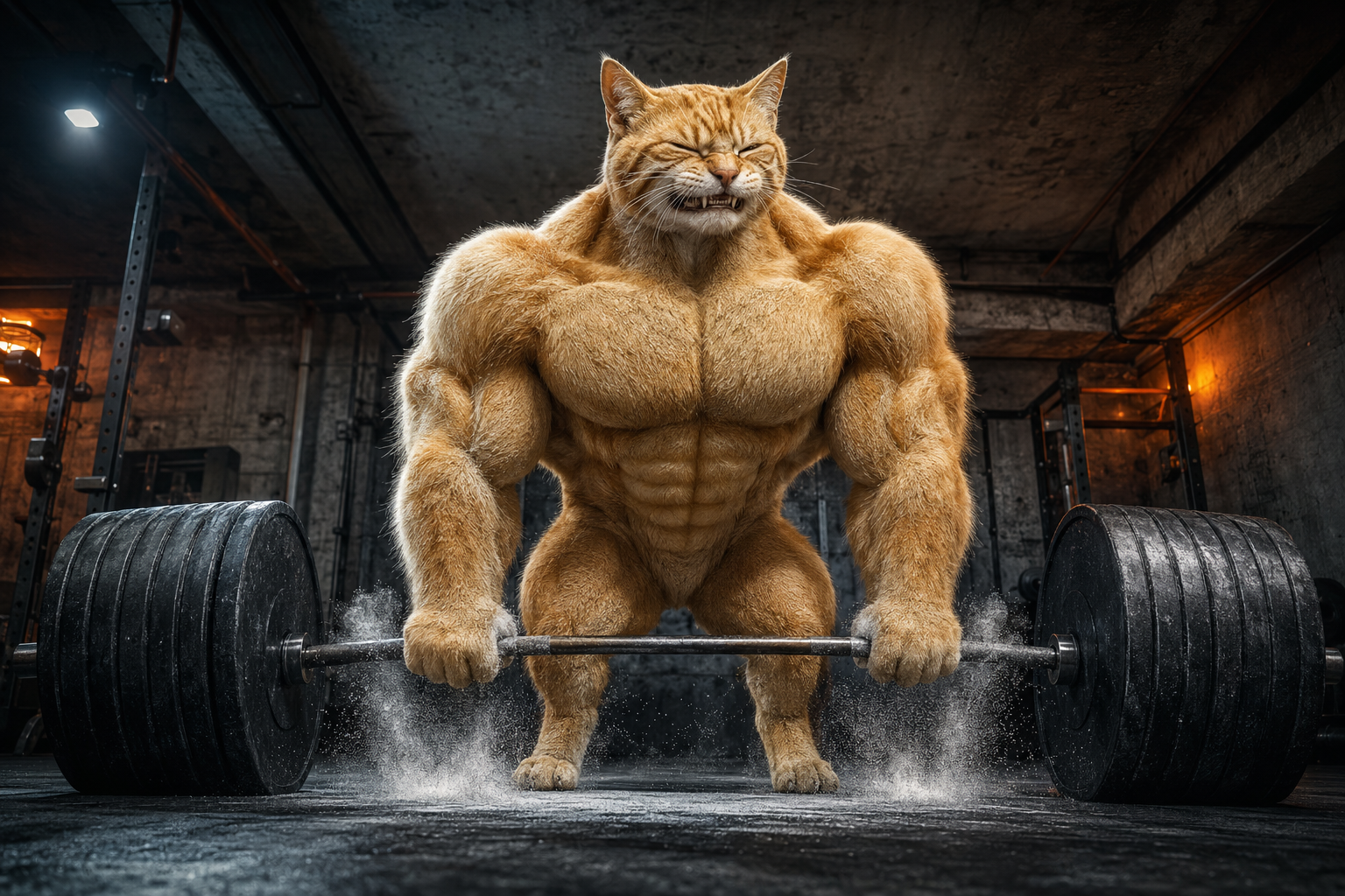 Swole Cat deadlifting in the gym