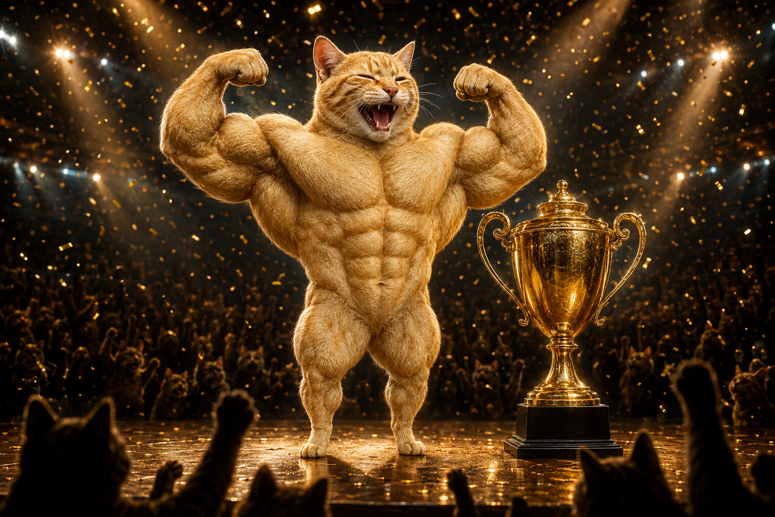 Swole Cat flexing with a golden trophy