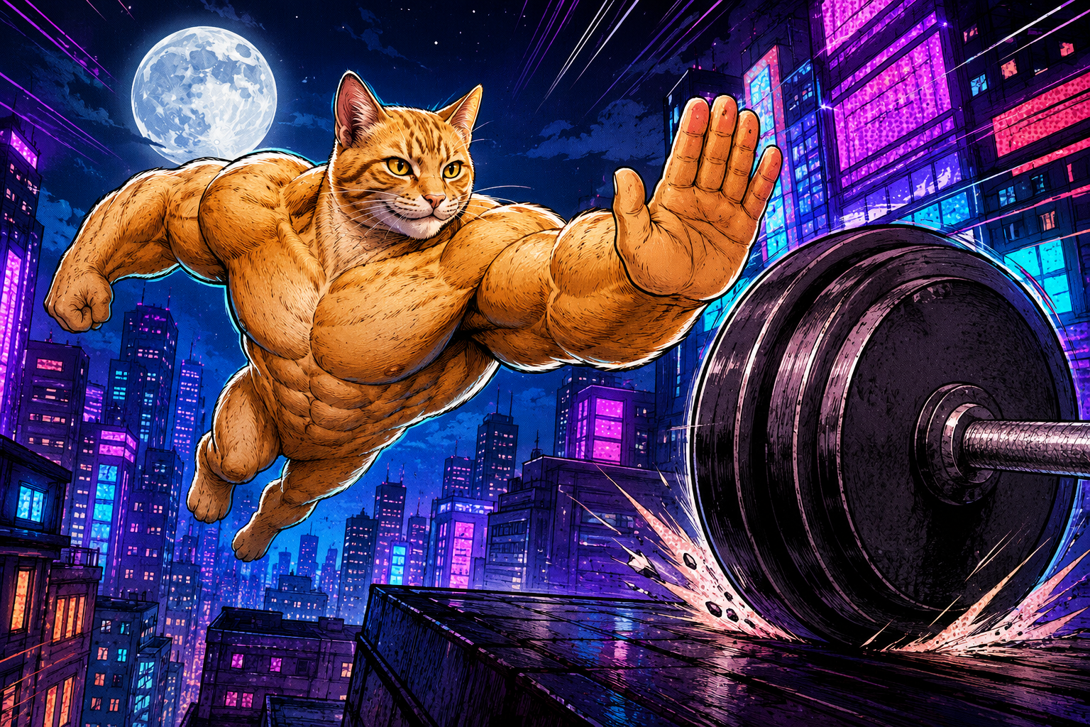 Swole Cat leaping through a neon city